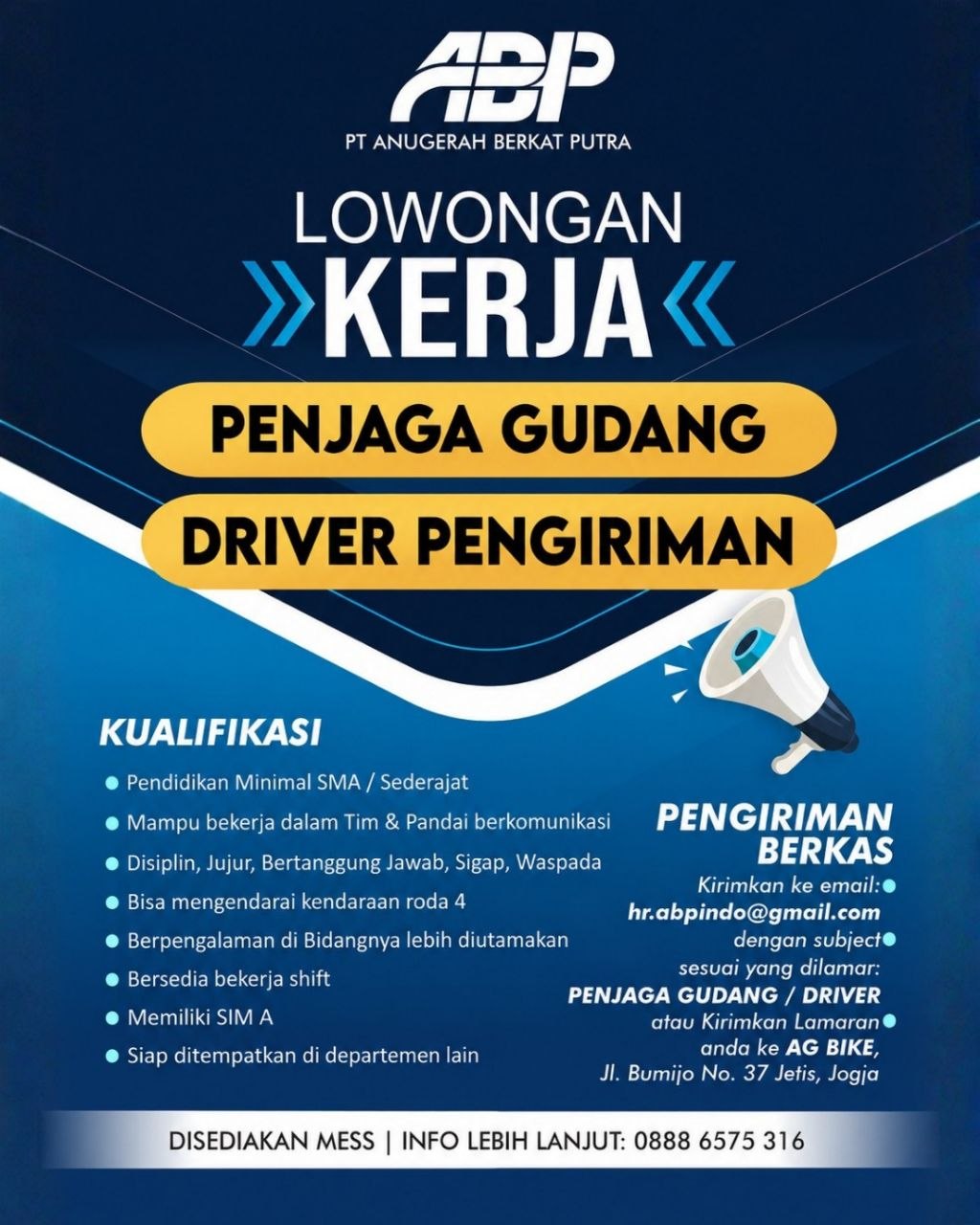 Poster lowongan PT Anugerah Berkat Putra