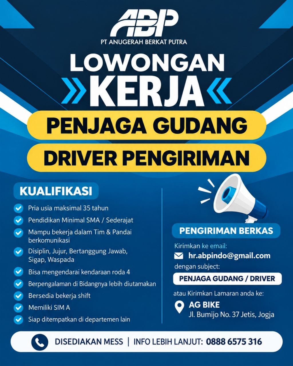 Poster lowongan PT Anugerah Berkat Putra