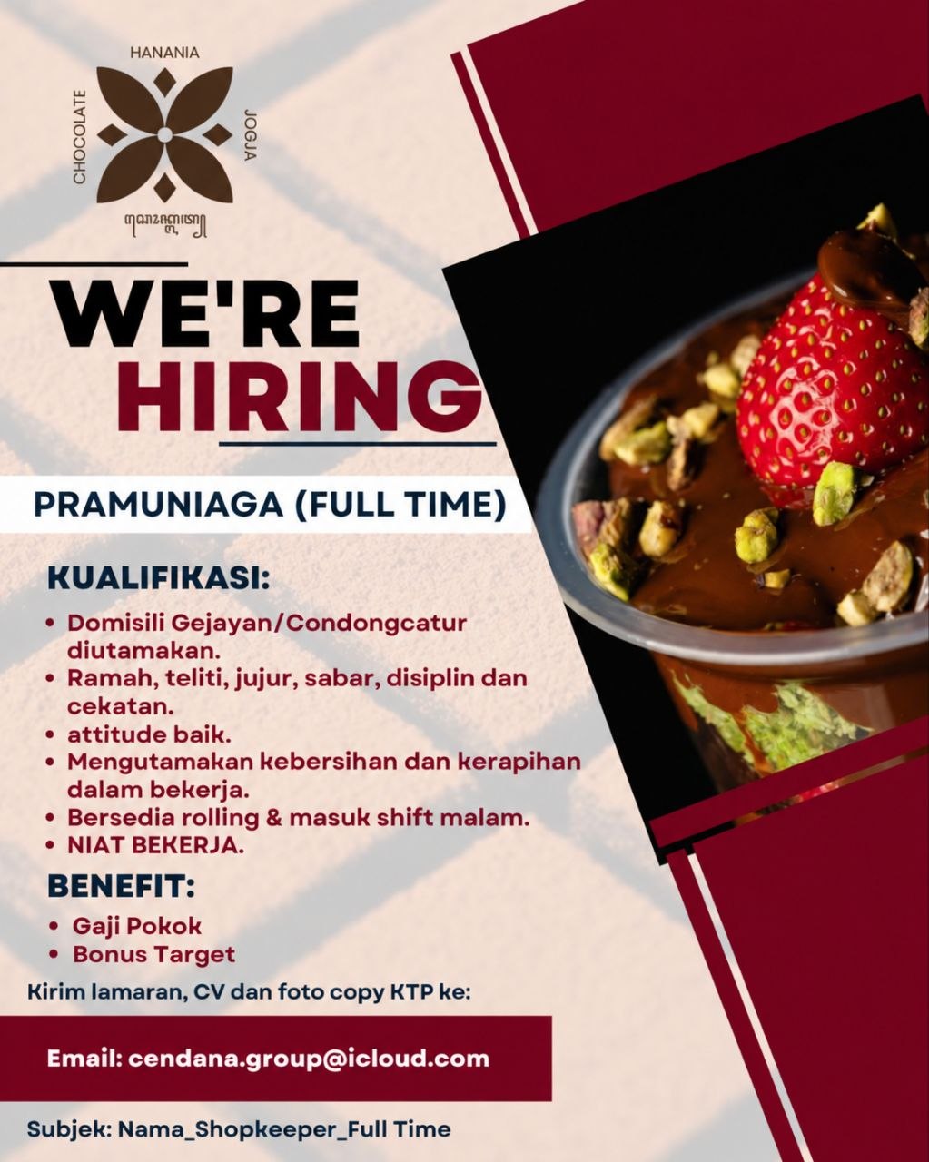 Poster lowongan Hanania Chocolate Jogja