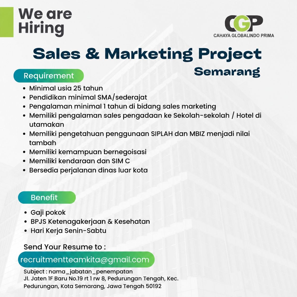 Poster lowongan CAHAYA GLOBALINDO PRIMA