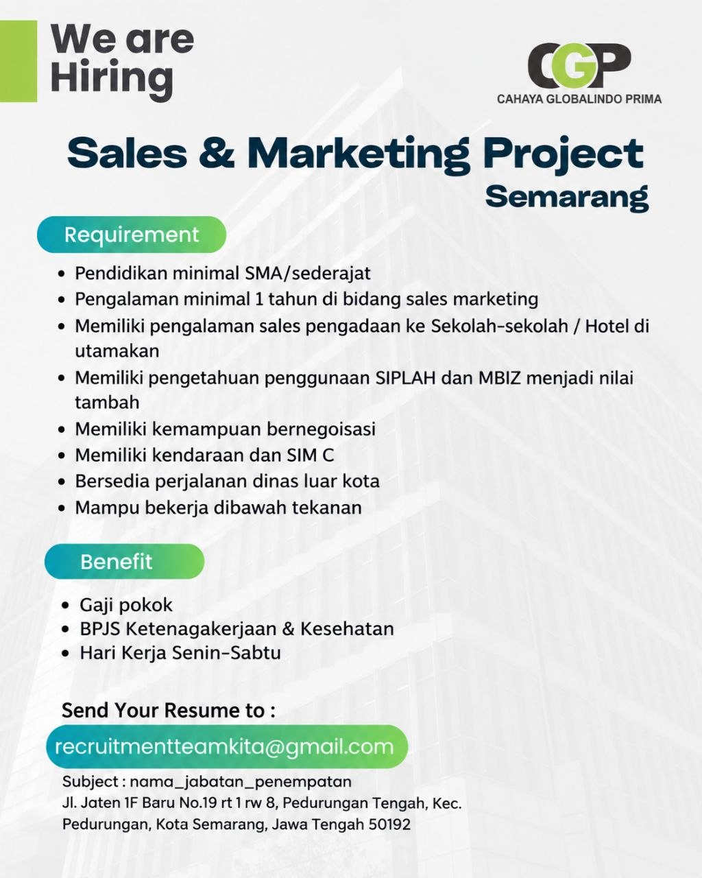 Poster lowongan CAHAYA GLOBALINDO PRIMA
