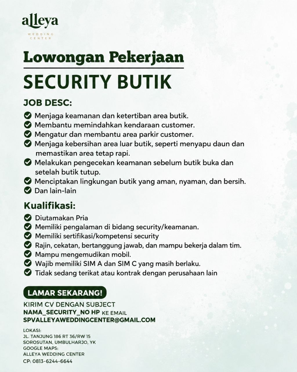 Poster lowongan Alleya Wedding Center