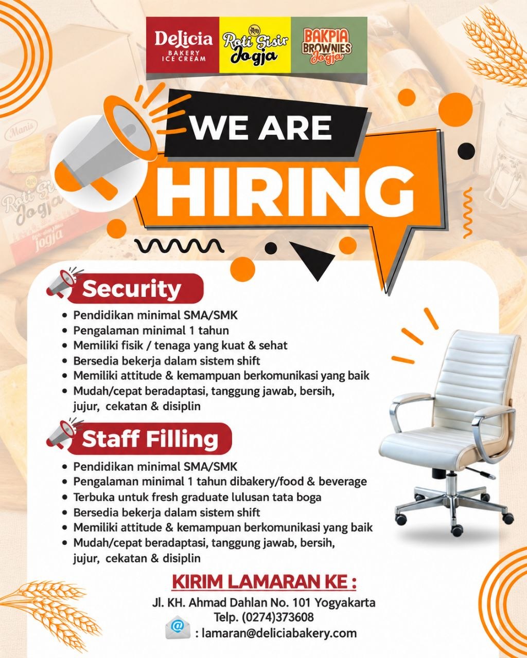 Poster lowongan Delicia Bakery Ice Cream Roti Sisir Jogja Bakpia Brownies Jogja