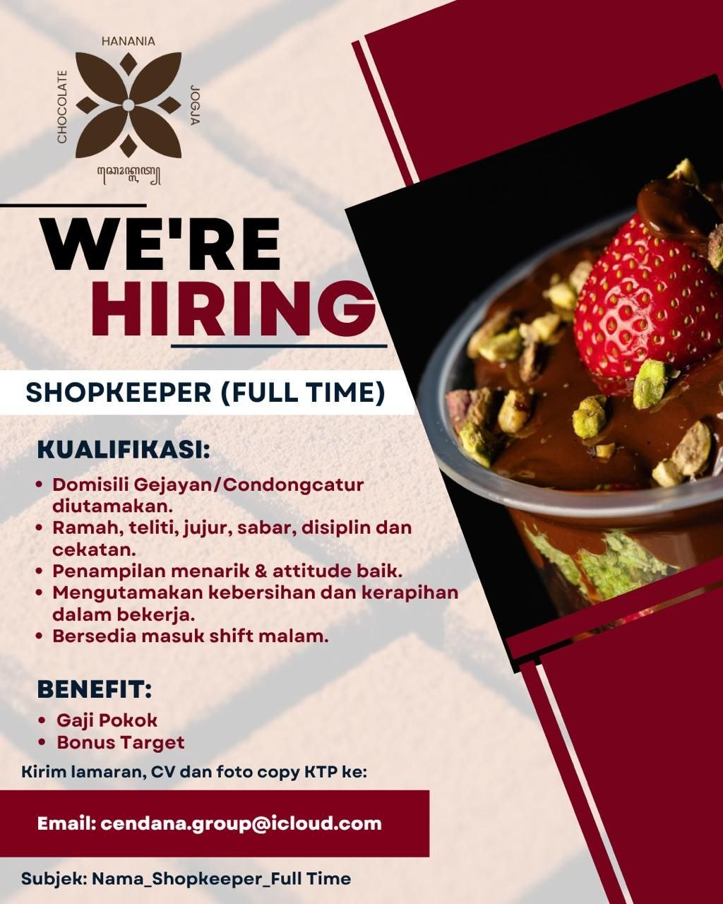 Poster lowongan Hanania Chocolate Jogja