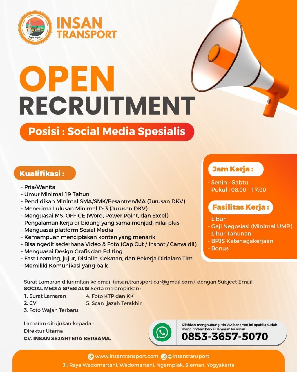 Poster lowongan CV. INSAN SEJAHTERA BERSAMA