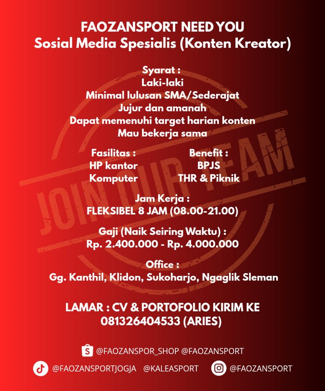 Poster lowongan FAOZANSPORT