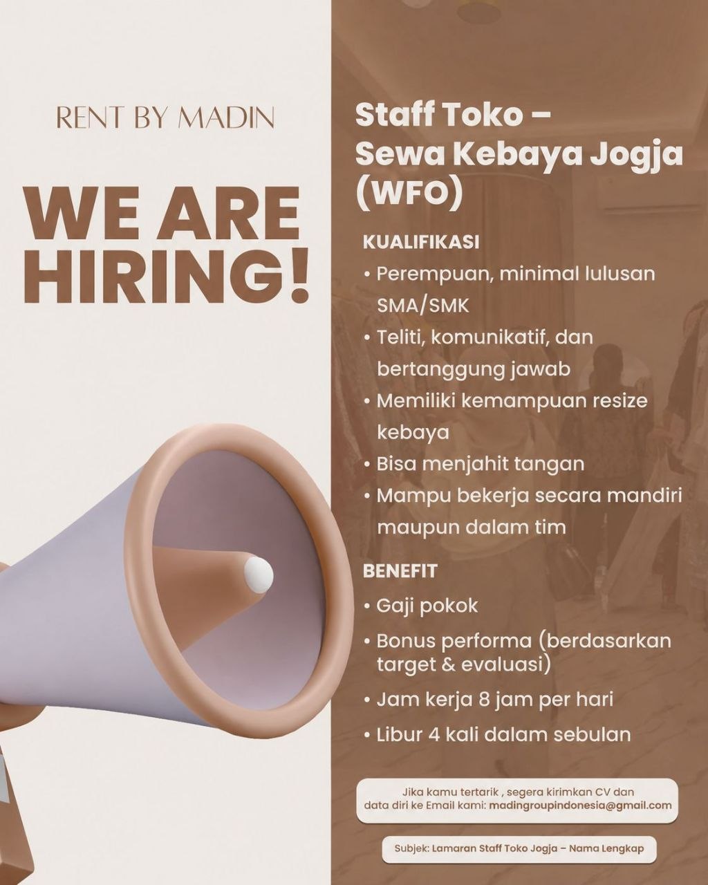 Poster lowongan Rent By Madin