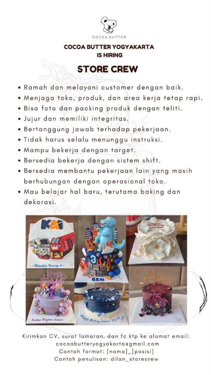 Poster lowongan COCOA BUTTER YOGYAKARTA