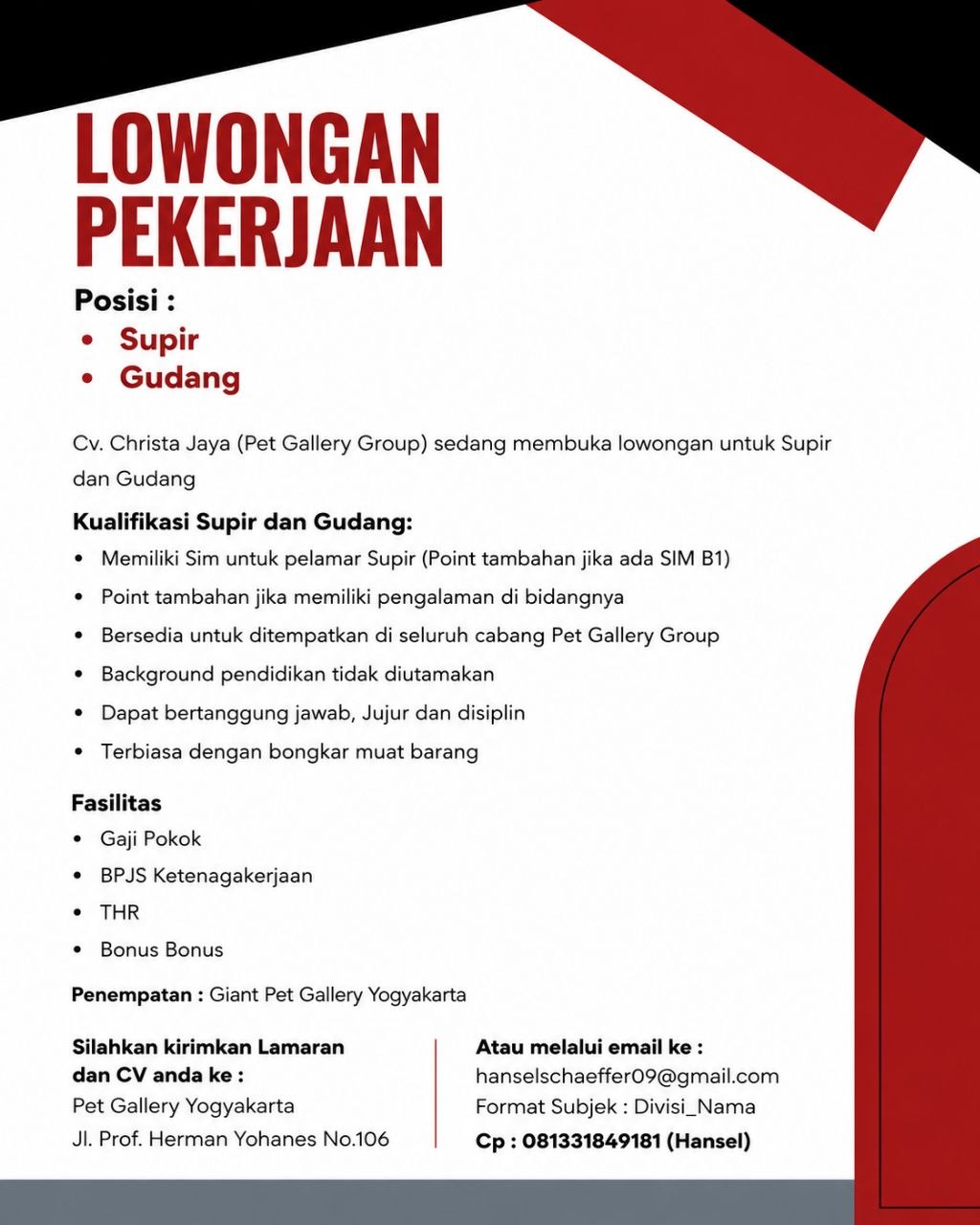 Poster lowongan Cv. Christa Jaya (Pet Gallery Group)