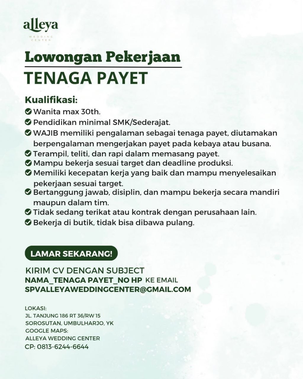 Poster lowongan Alleya Wedding Center