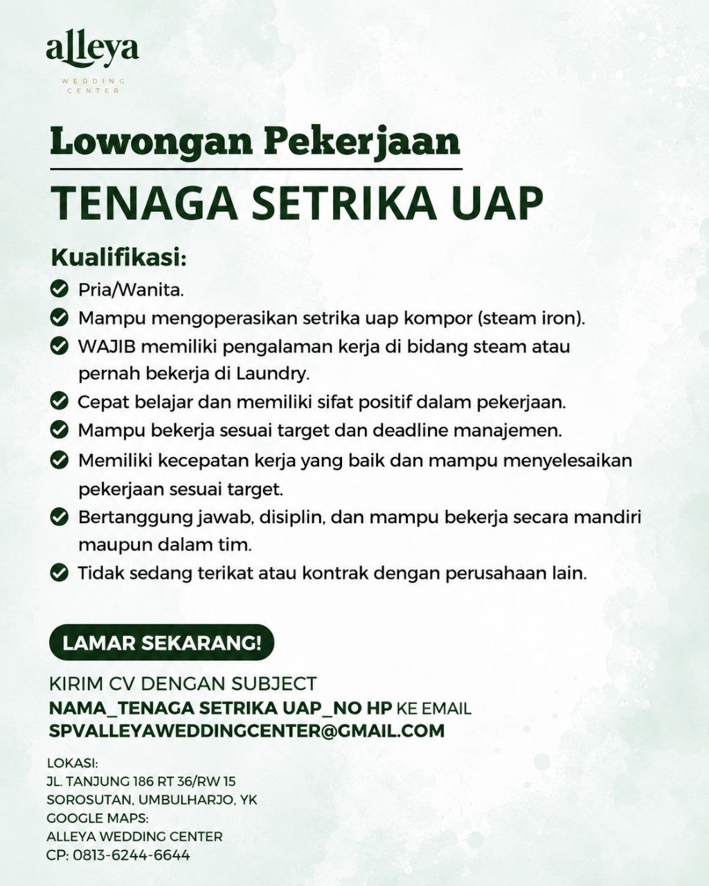 Poster lowongan Alleya Wedding Center