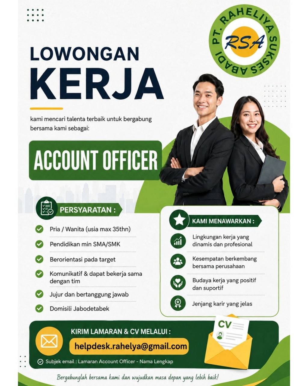 Poster lowongan PT. Raheliya Sukses Abadi