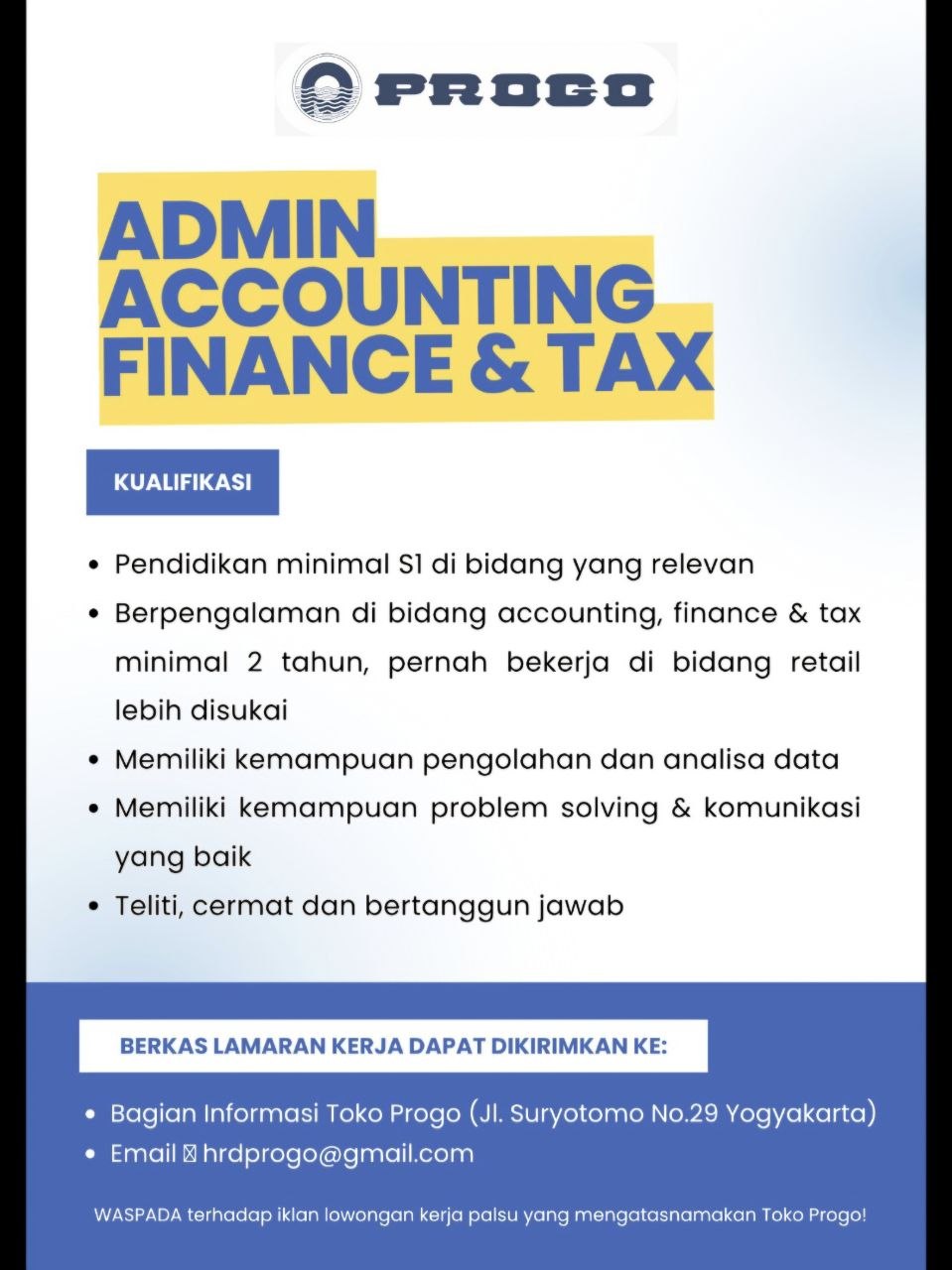 Poster lowongan Toko Progo