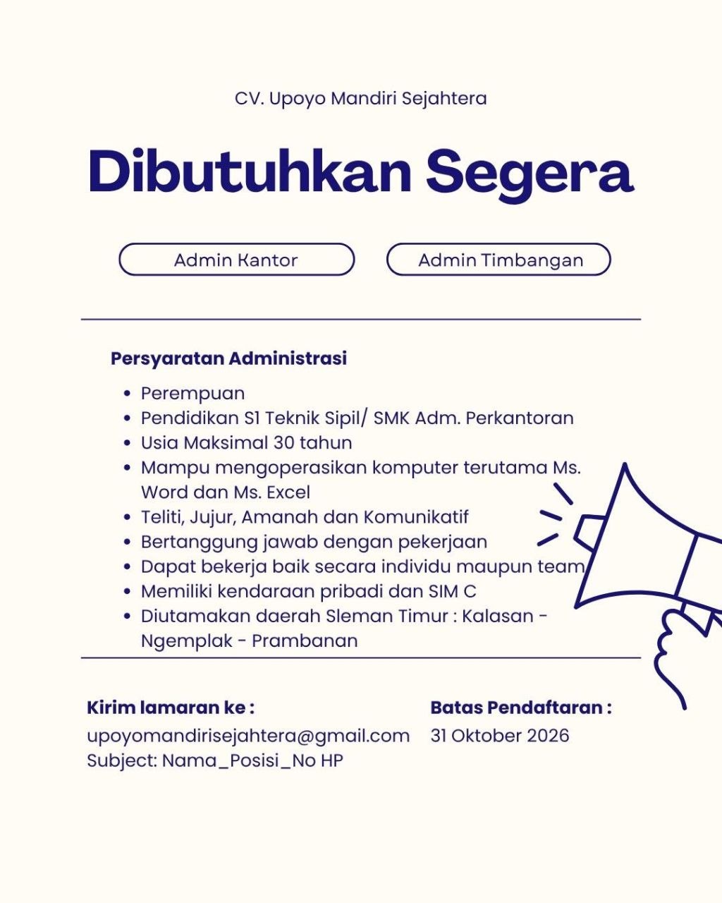 Poster lowongan CV. Upoyo Mandiri Sejahtera