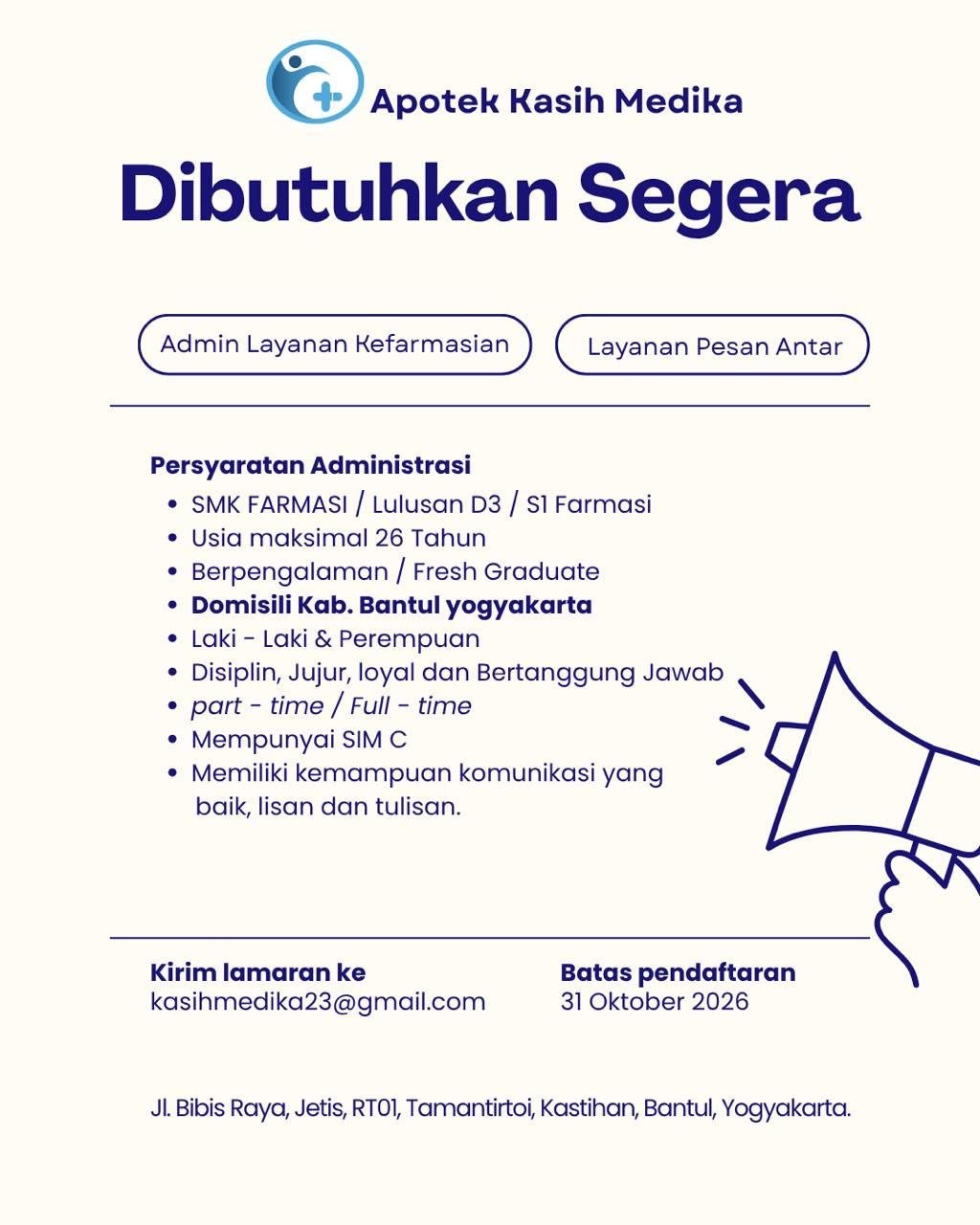 Poster lowongan Apotek Kasih Medika