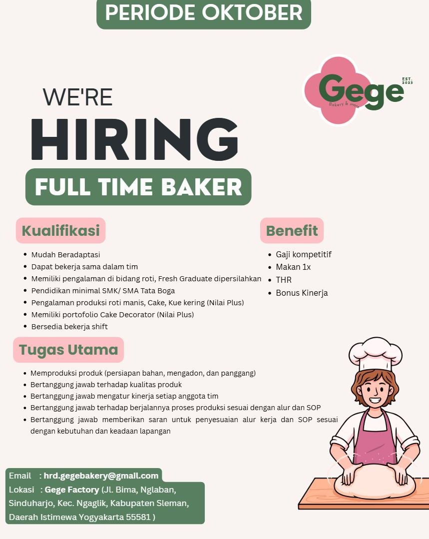 Poster lowongan Gege Bakery