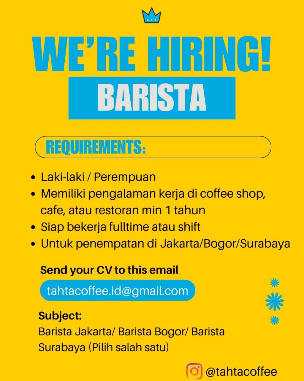 Poster lowongan Tahta Coffee