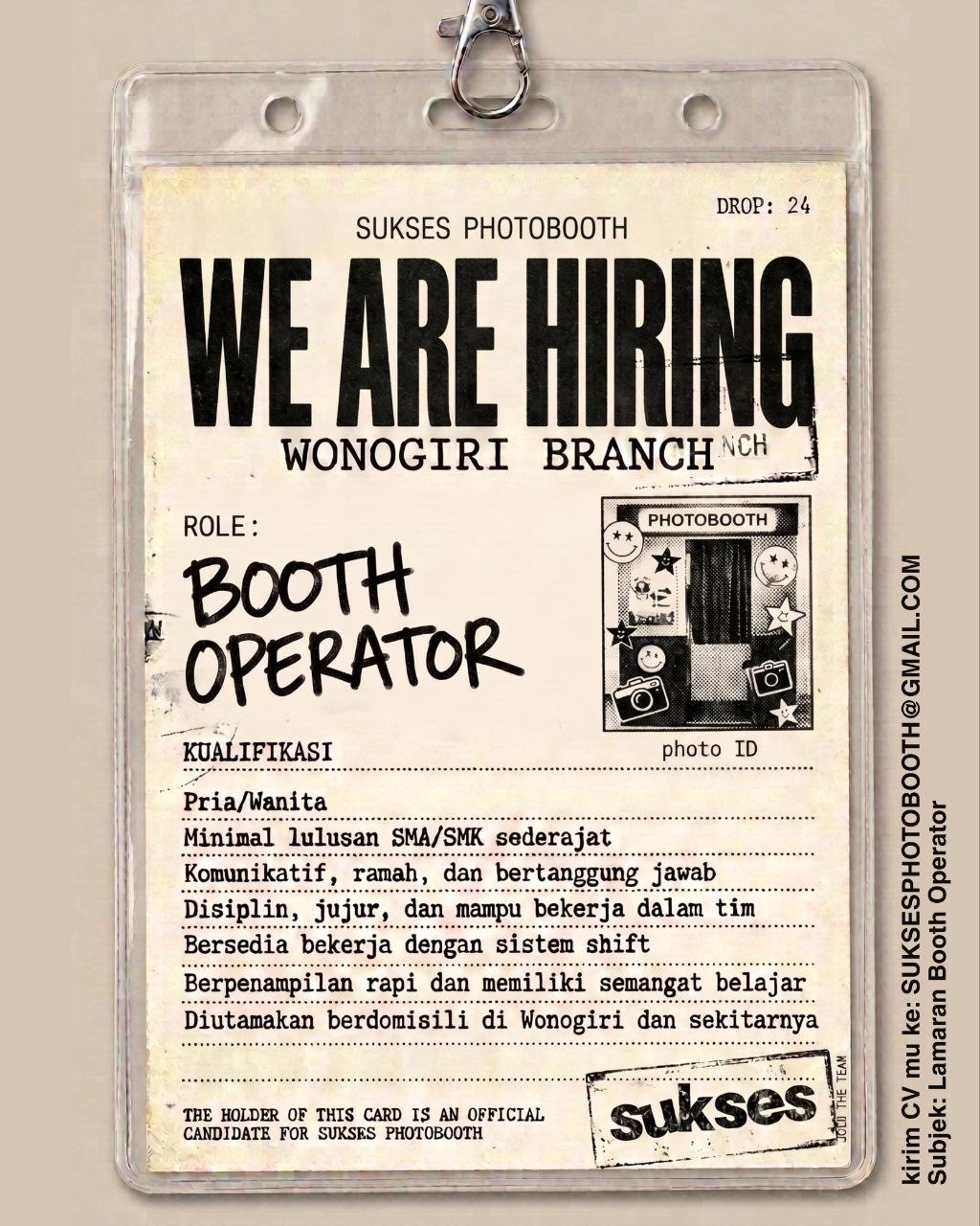 Poster lowongan SUKSES PHOTOBOOTH
