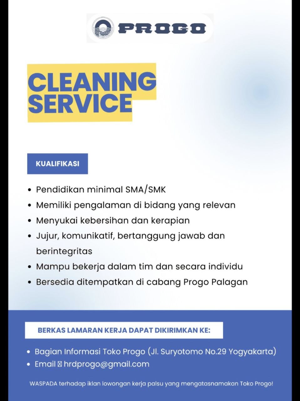Poster lowongan Toko Progo
