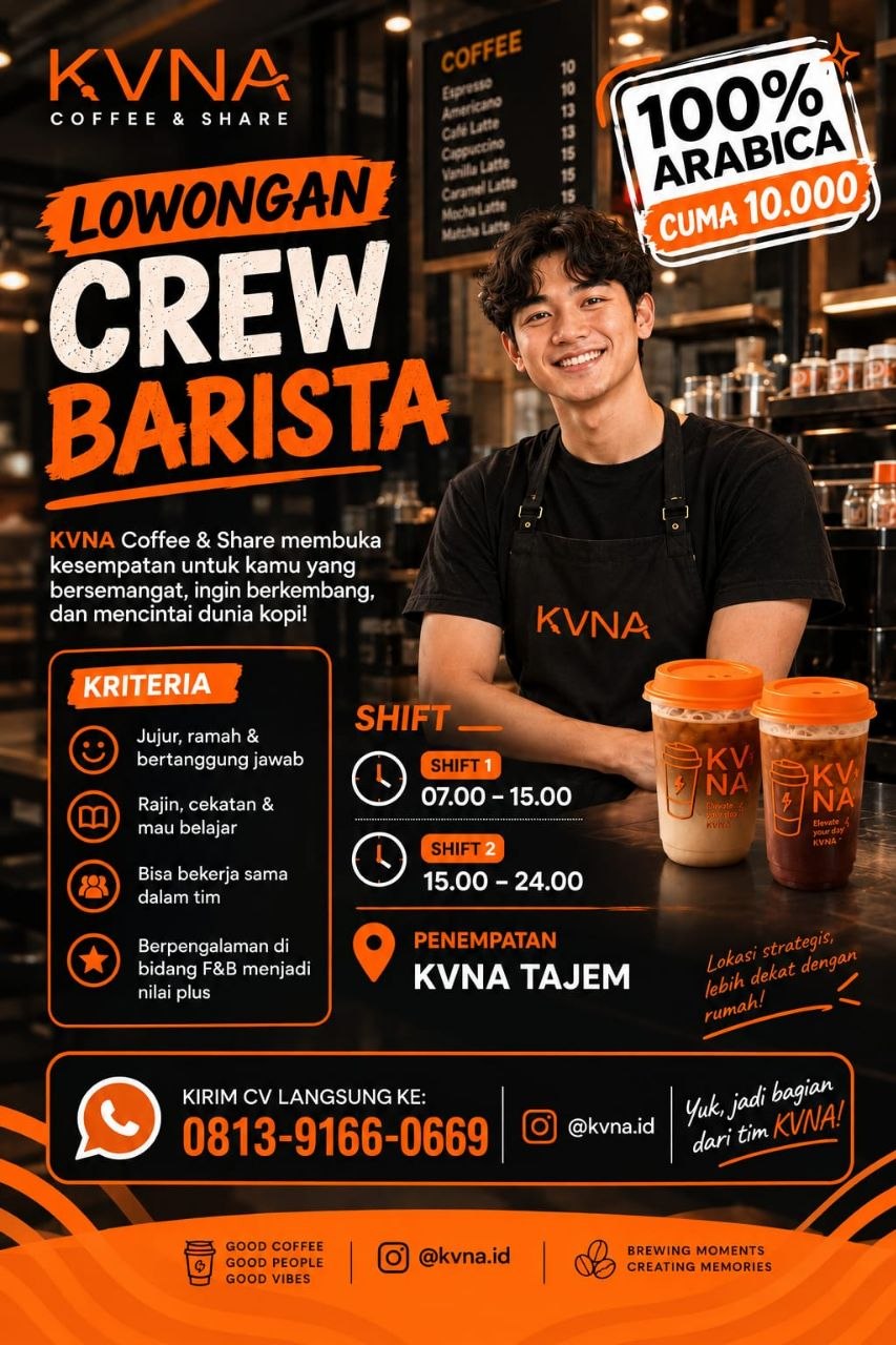 Poster lowongan KVNA Coffee & Share