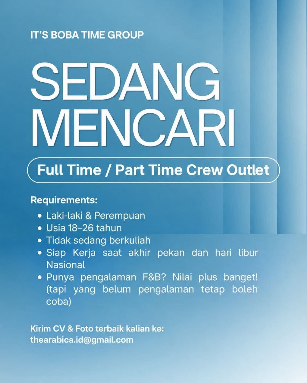 Poster lowongan IT'S BOBA TIME GROUP