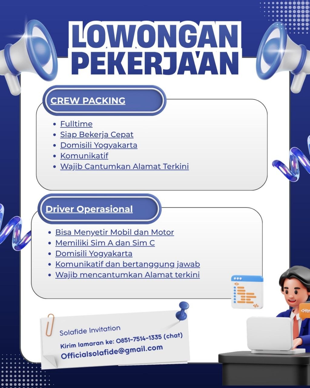 Poster lowongan SOLAFIDE INVITATION
