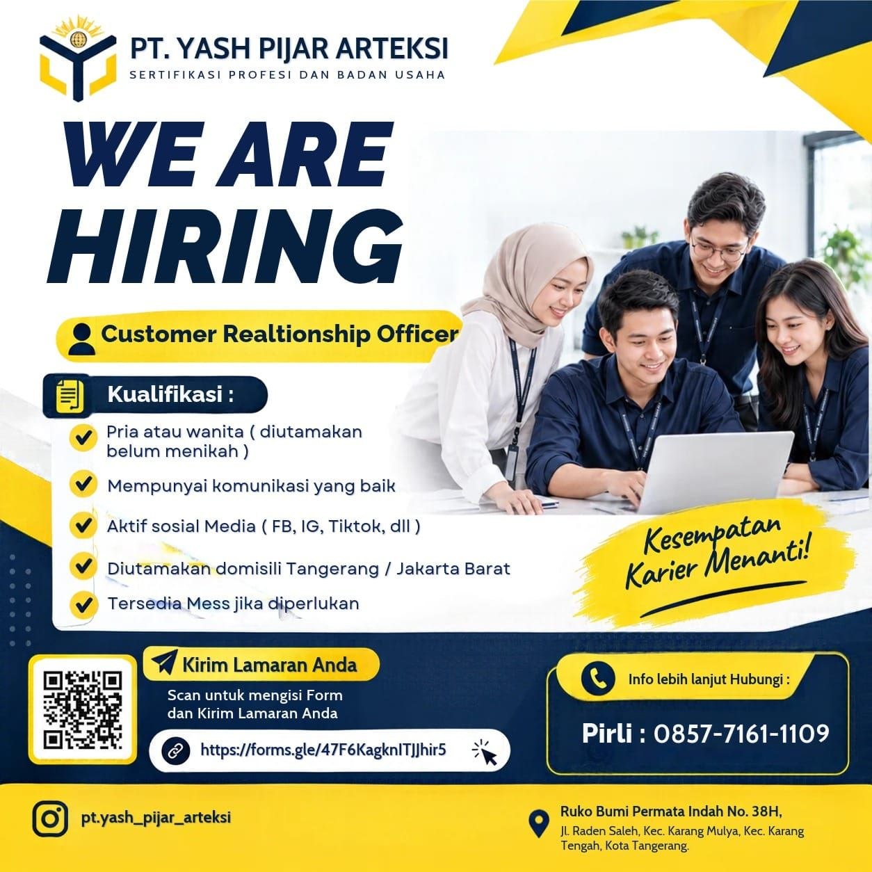 Poster lowongan PT. Yash Pijar Arteksi