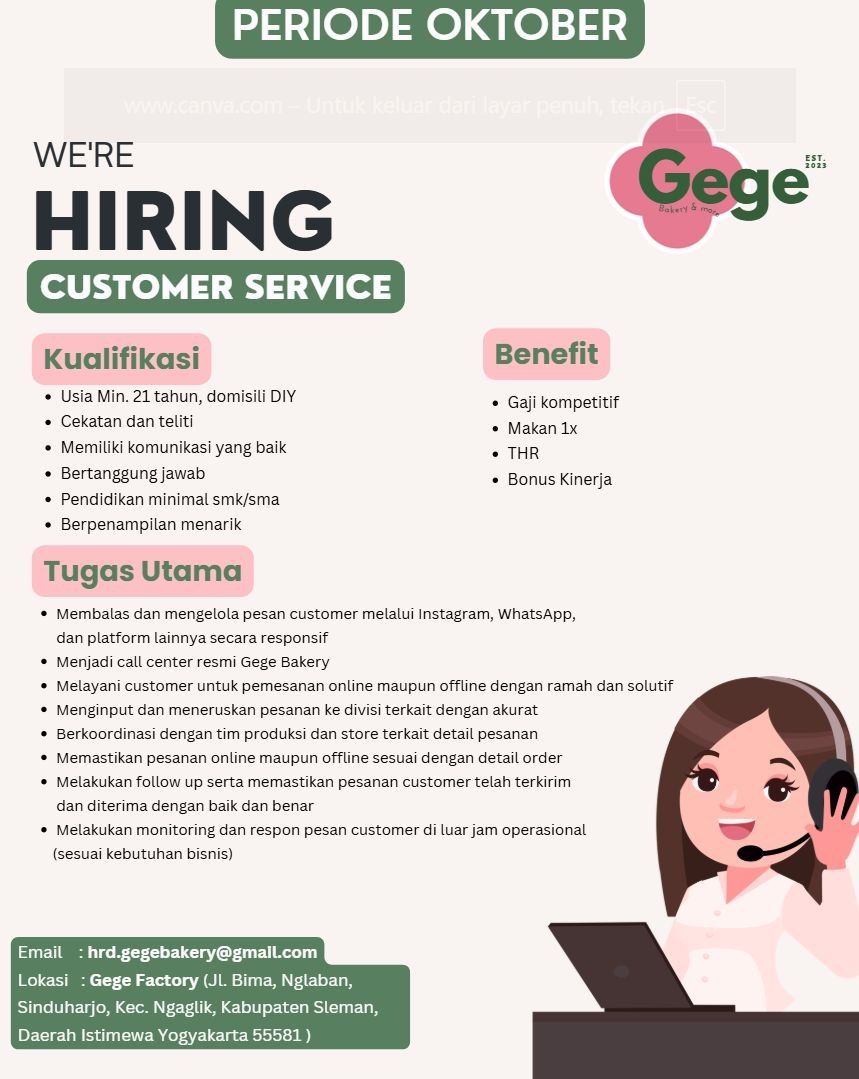 Poster lowongan Gege Bakery