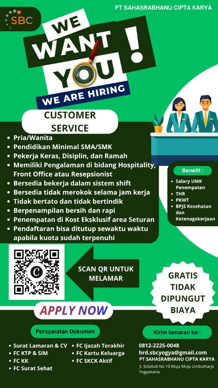 Poster lowongan PT SAHASRABHANU CIPTA KARYA