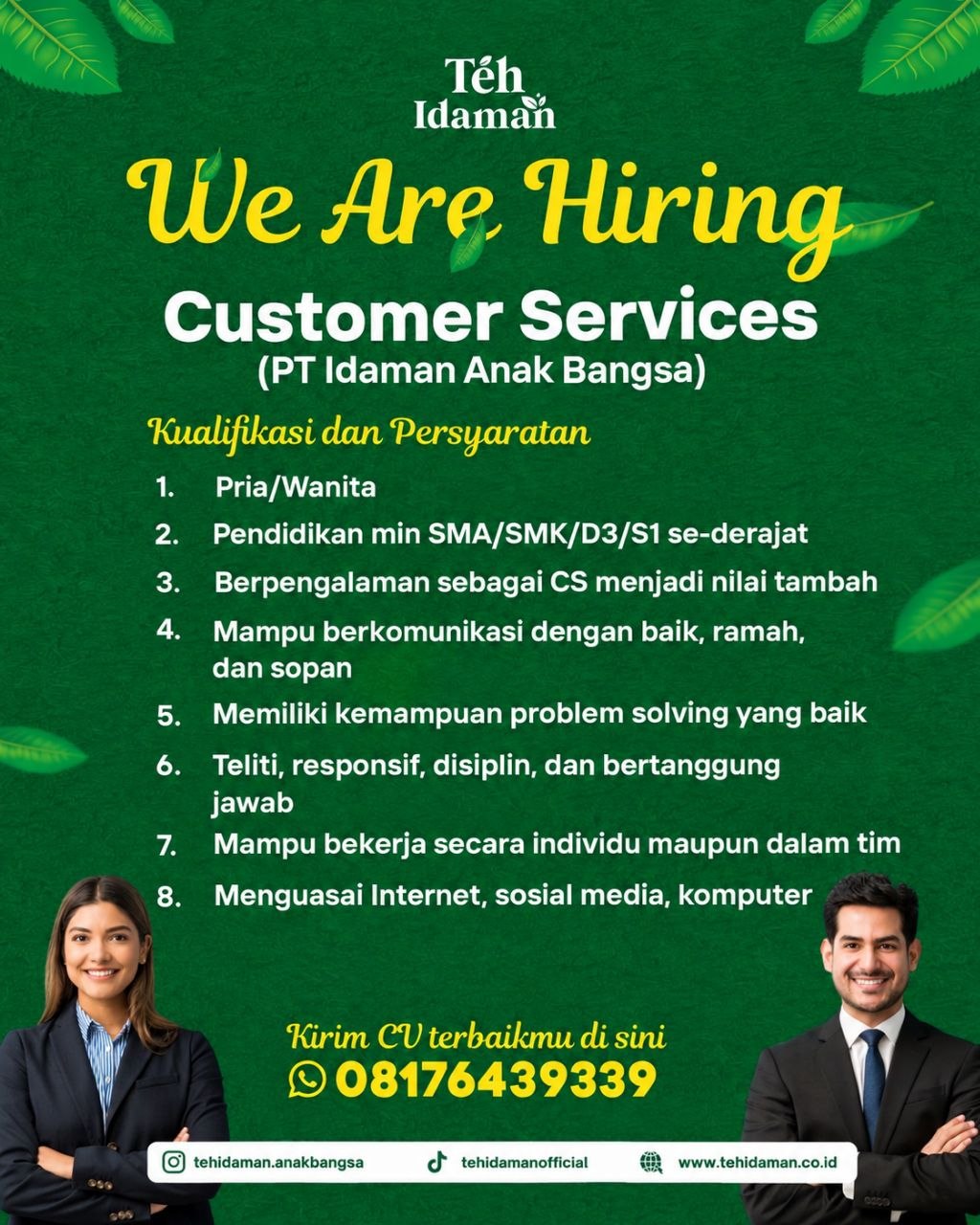 Poster lowongan Teh Idaman, PT Idaman Anak Bangsa, Kopi Semangat