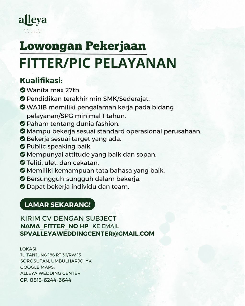 Poster lowongan Alleya Wedding Center