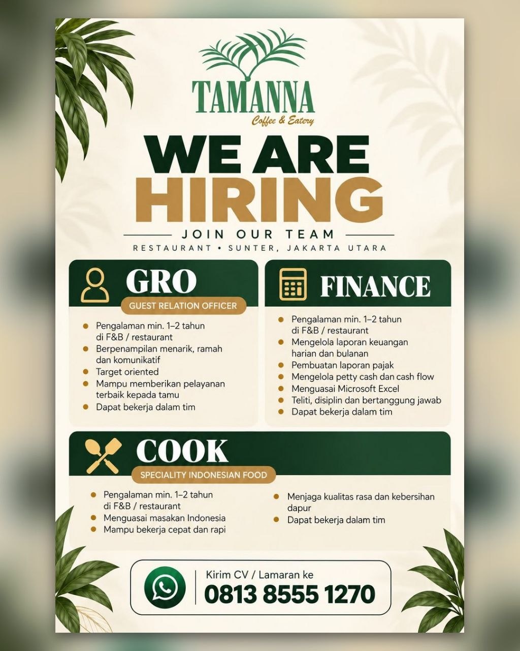 Poster lowongan TAMANNA Coffee & Eatery