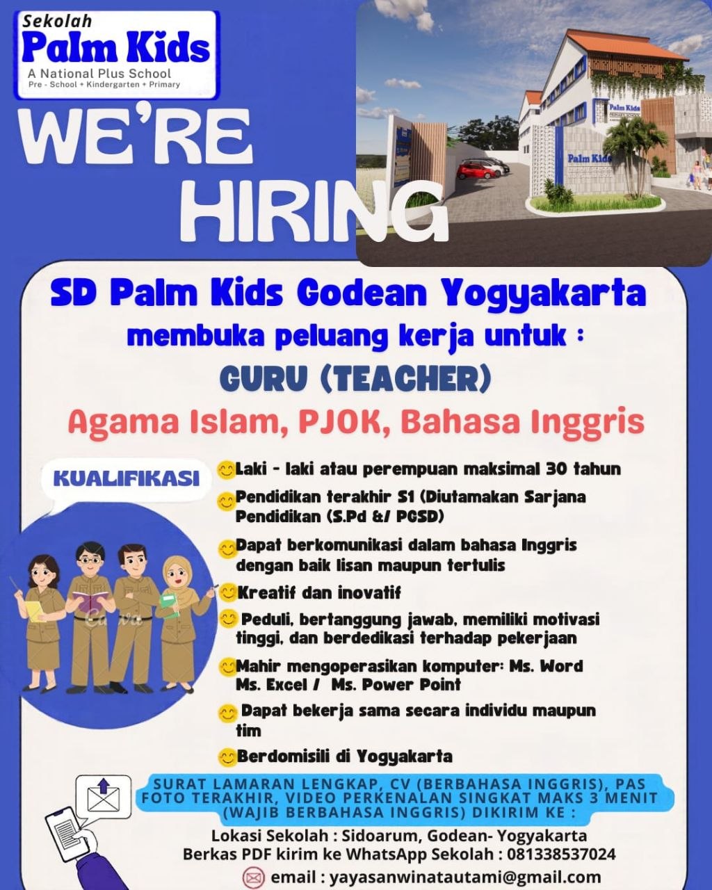 Poster lowongan SD Palm Kids Godean Yogyakarta