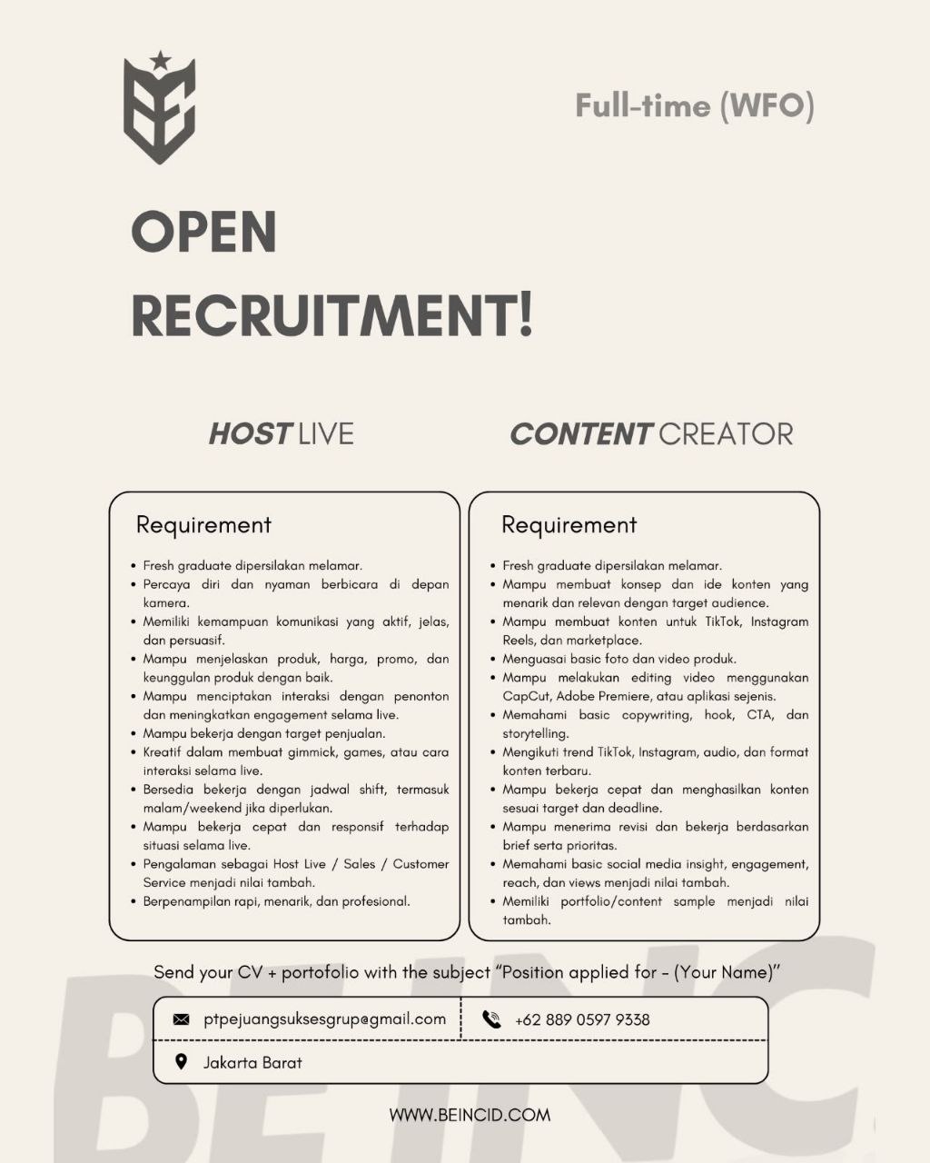 Poster lowongan PT Pejuang Sukses Grup (BEINC)