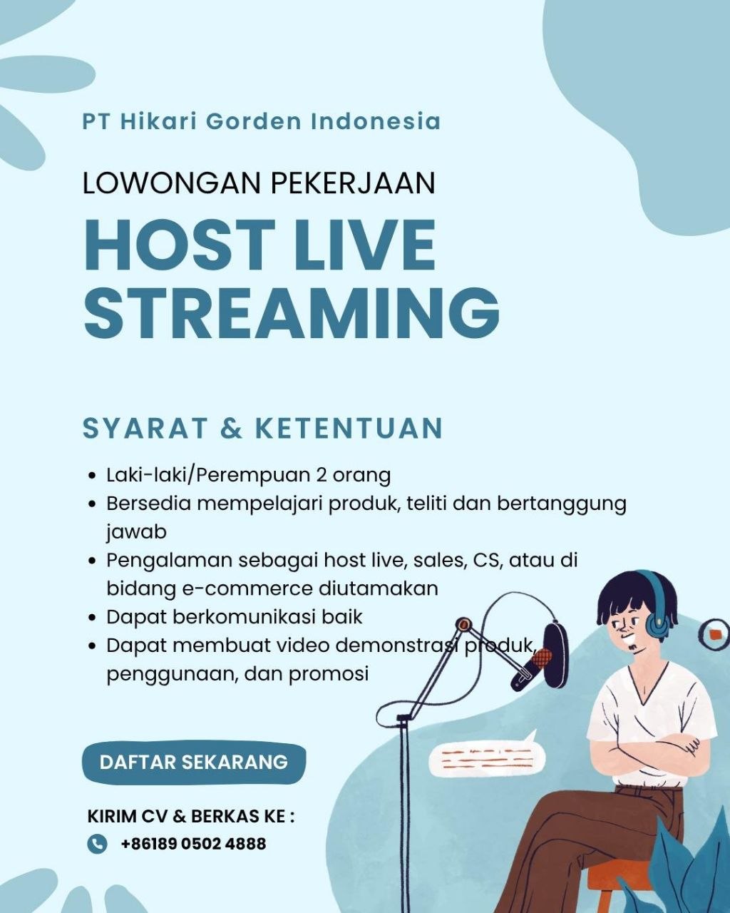 Poster lowongan PT Hikari Gorden Indonesia