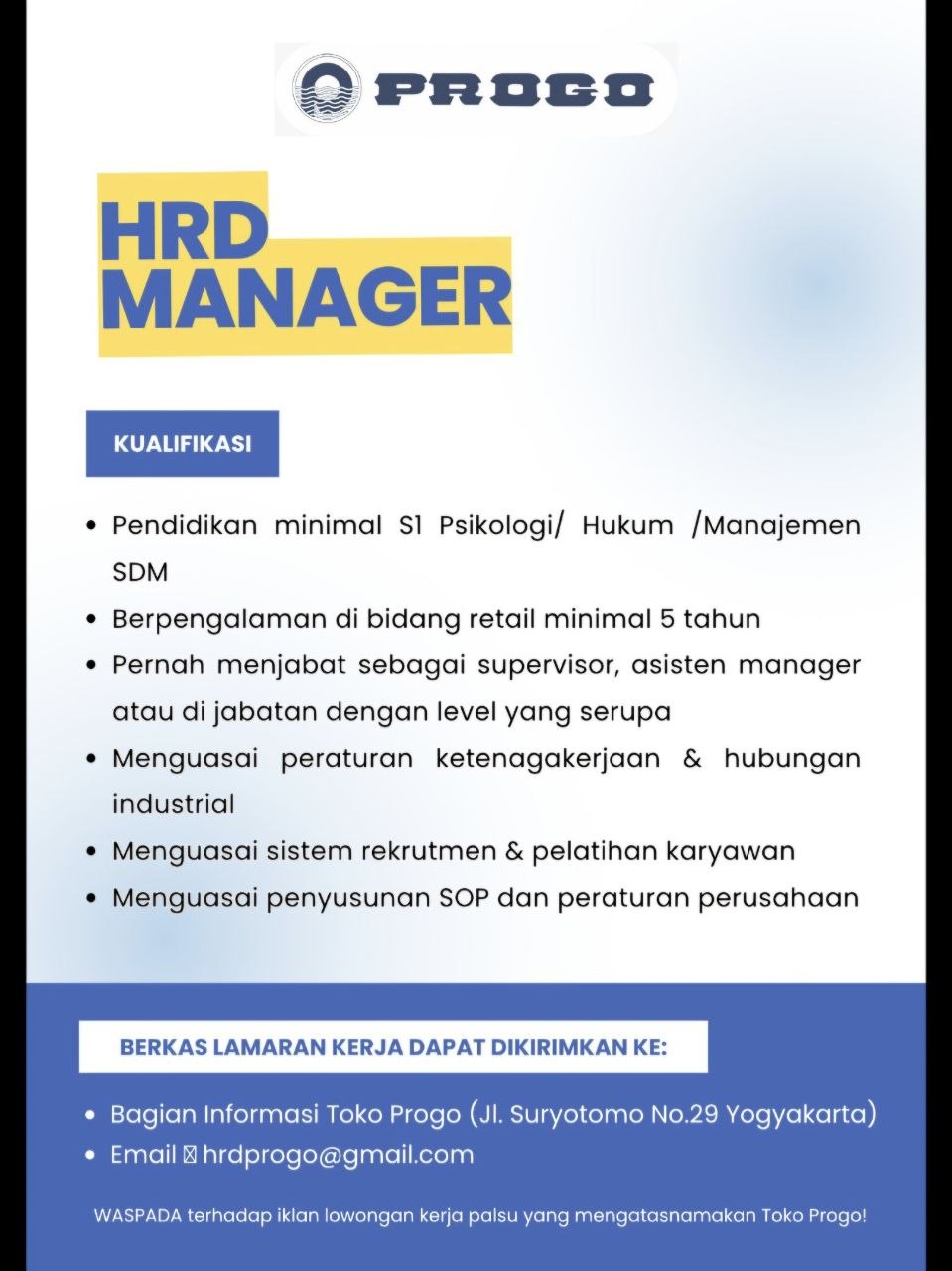 Poster lowongan Toko Progo