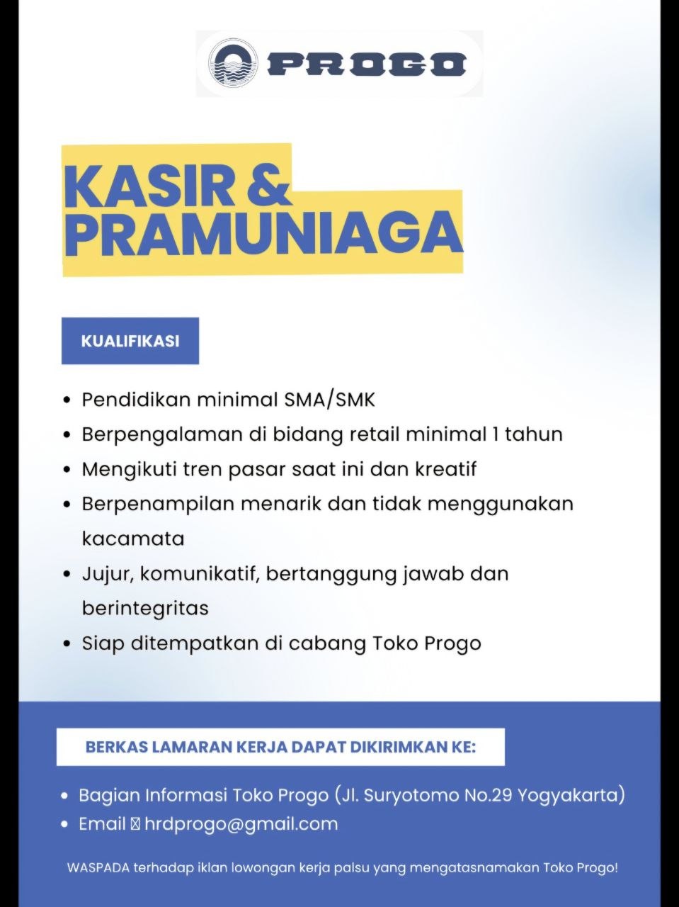 Poster lowongan Toko Progo