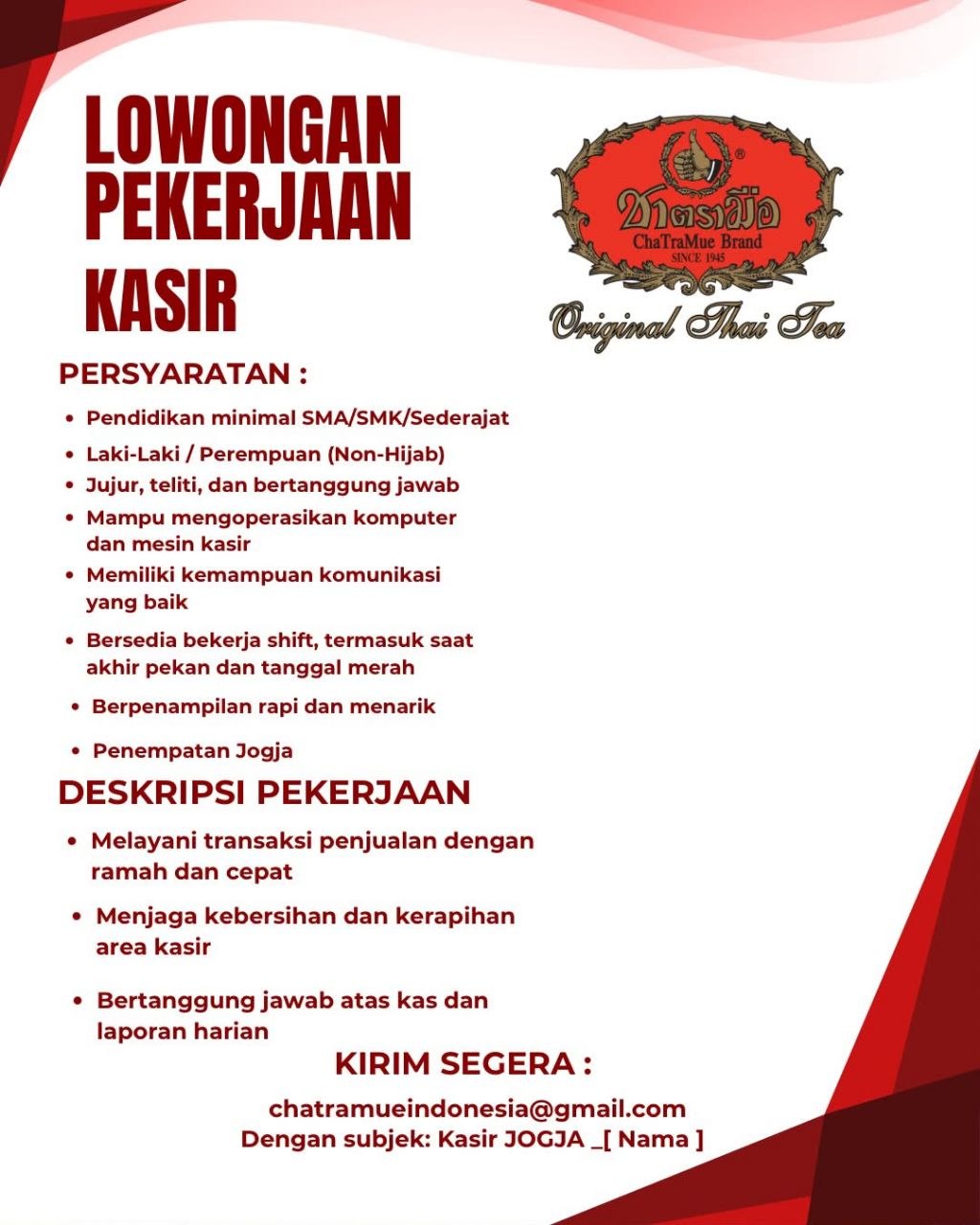 Poster lowongan ChaTraMue Brand