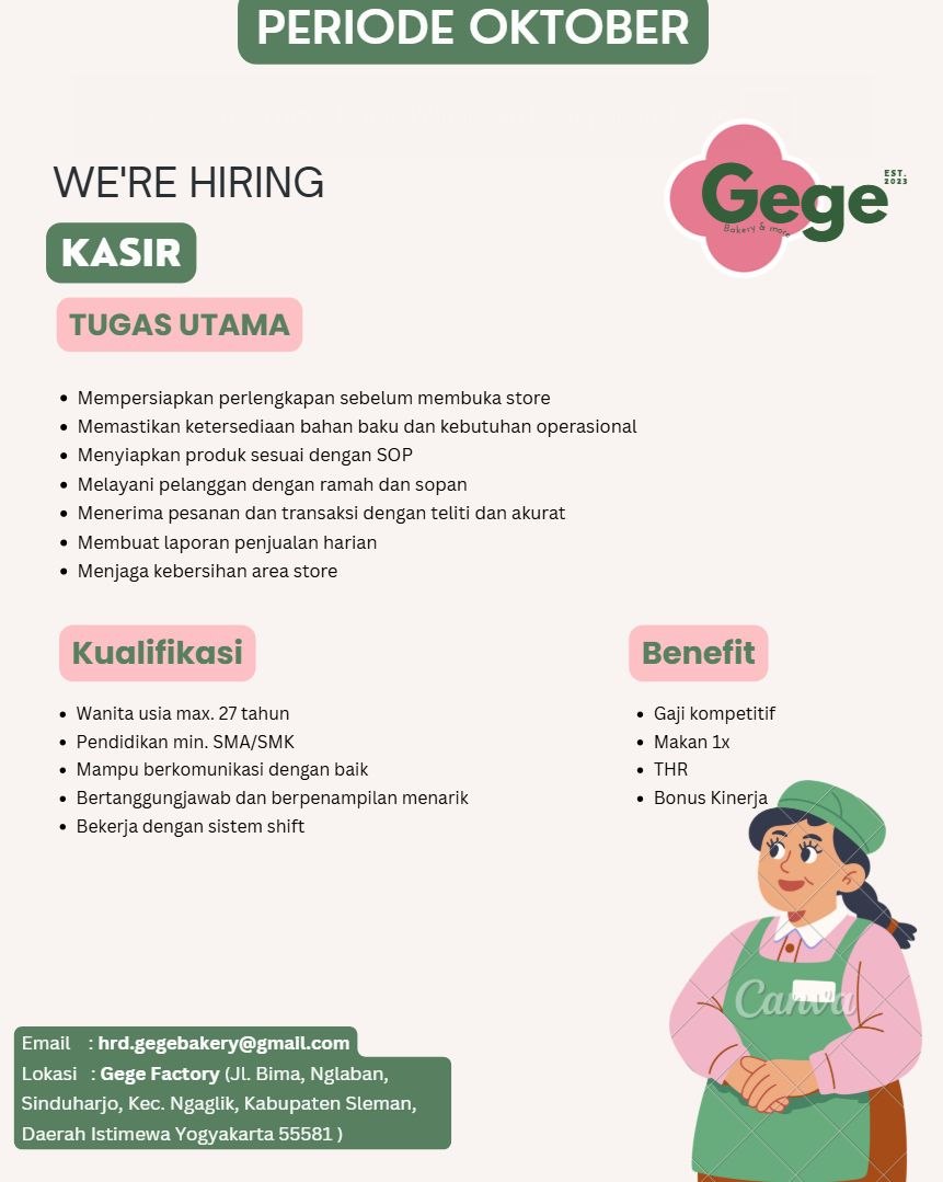 Poster lowongan Gege Bakery