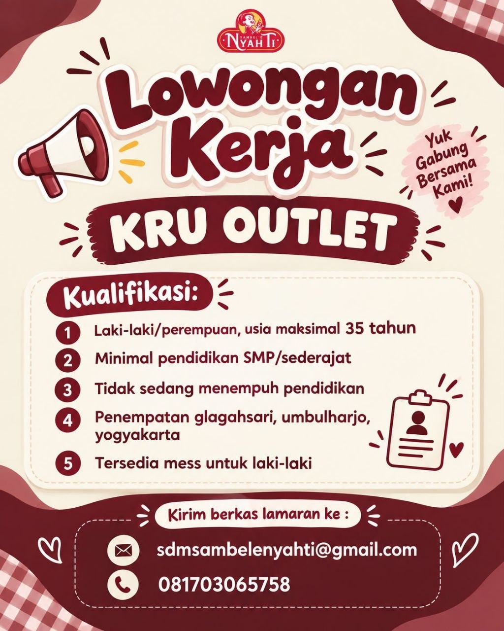 Poster lowongan Sambel Nyah Ti