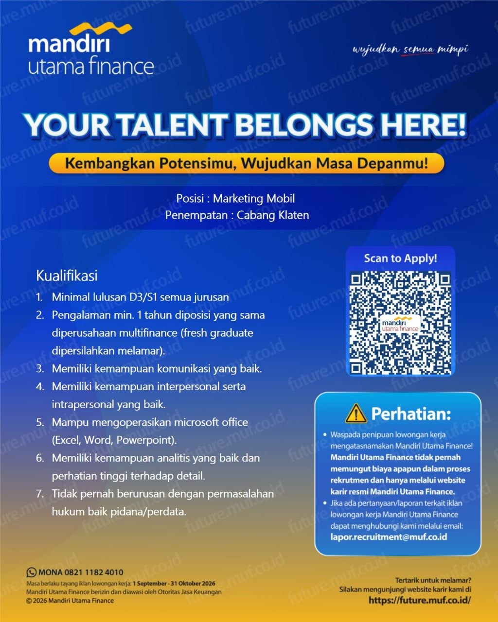 Poster lowongan Mandiri Utama Finance