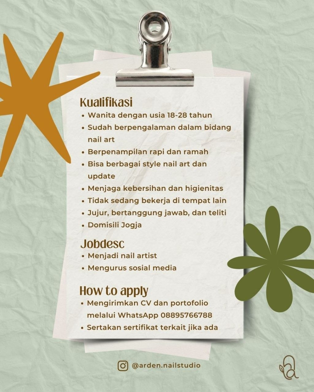 Poster lowongan Arden Nail Studio
