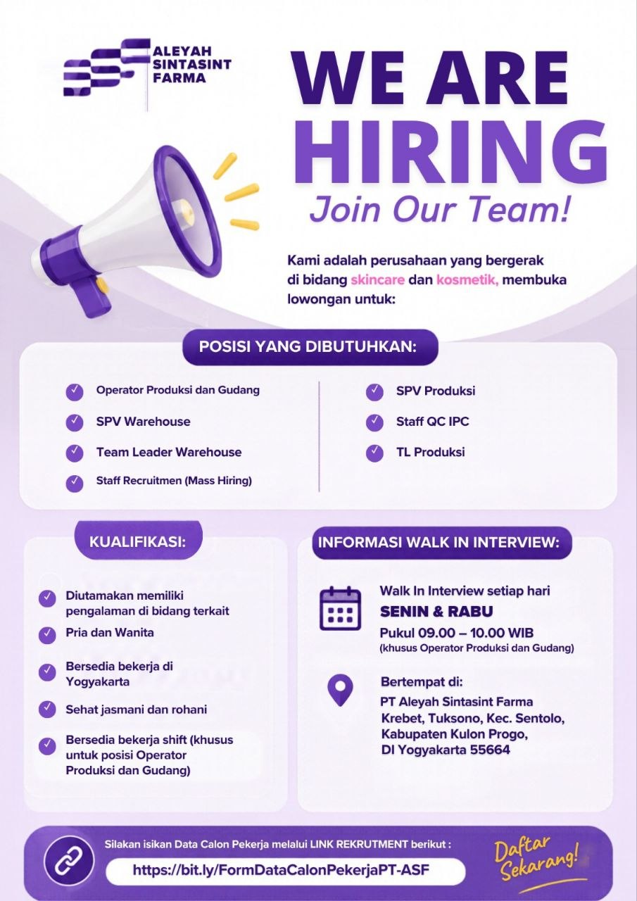 Poster lowongan PT Aleyah Sintasint Farma