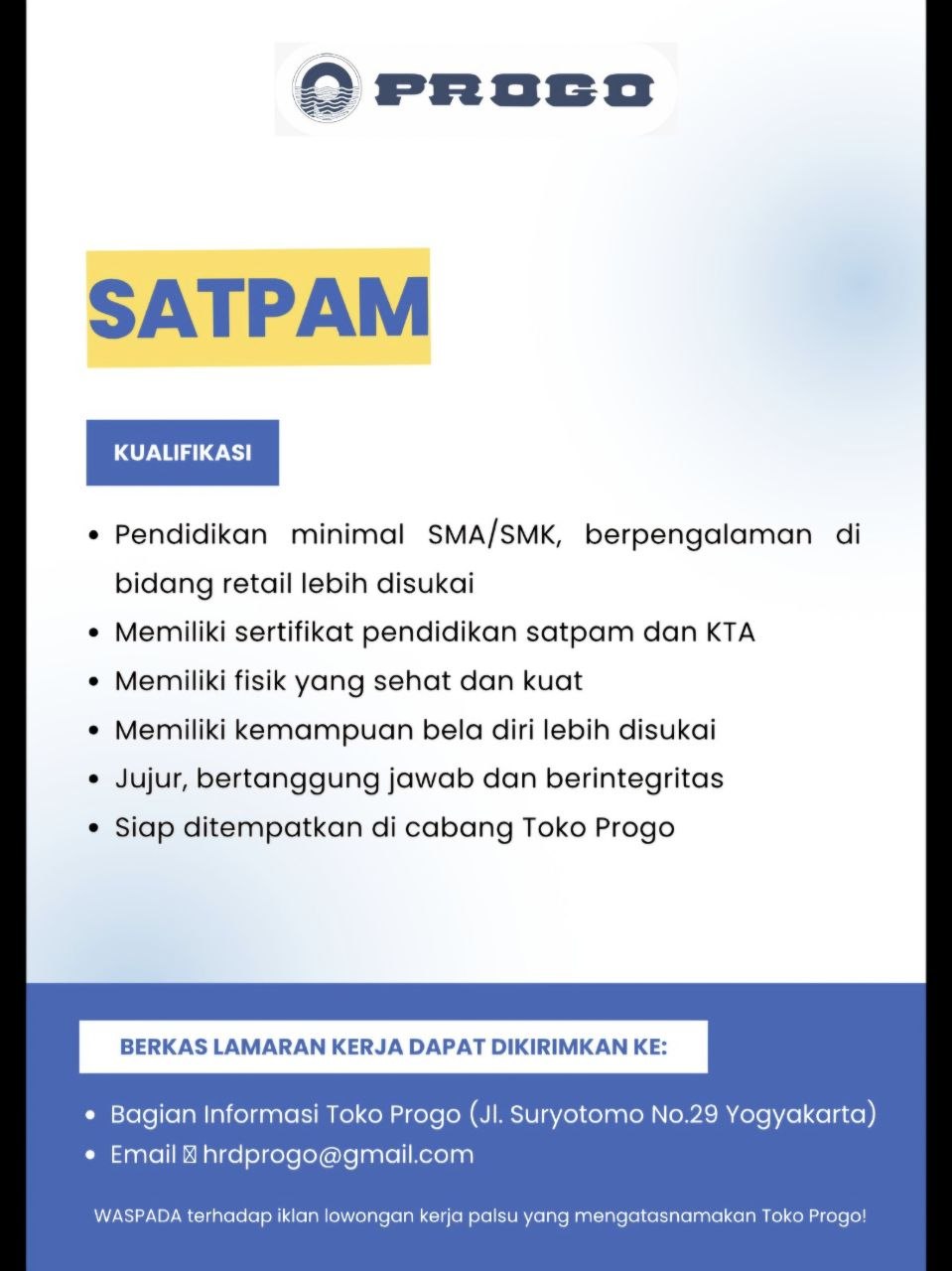 Poster lowongan Toko Progo