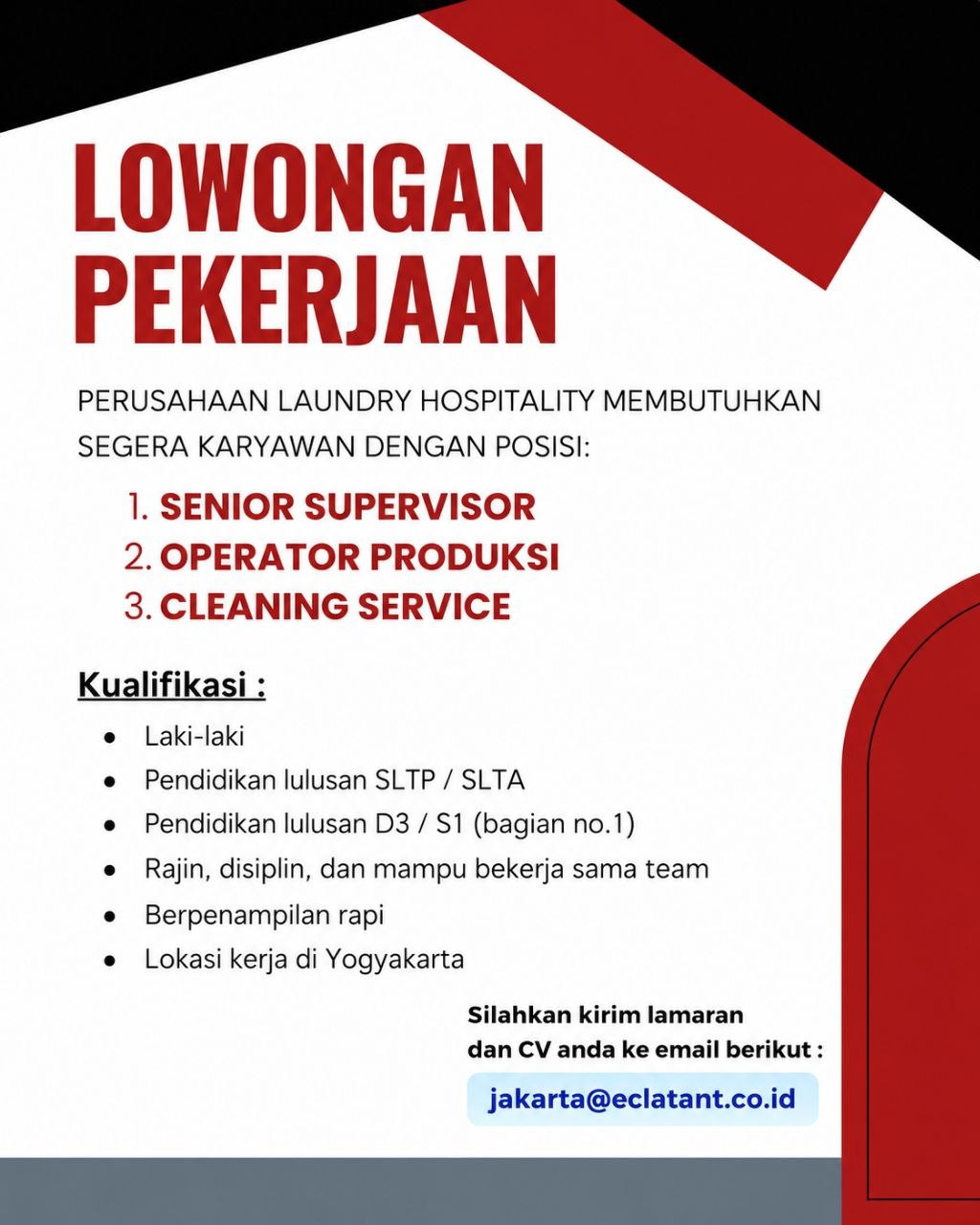 Poster lowongan PERUSAHAAN LAUNDRY HOSPITALITY
