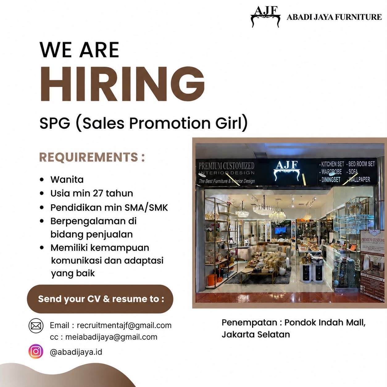 Poster lowongan ABADI JAYA FURNITURE
