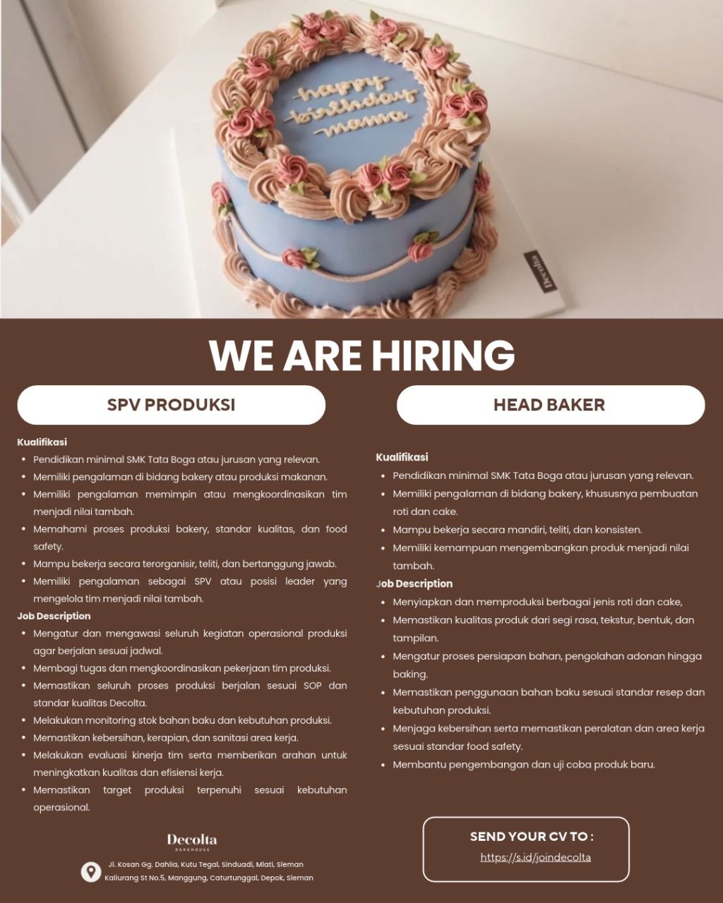 Poster lowongan Decolta Bakehouse