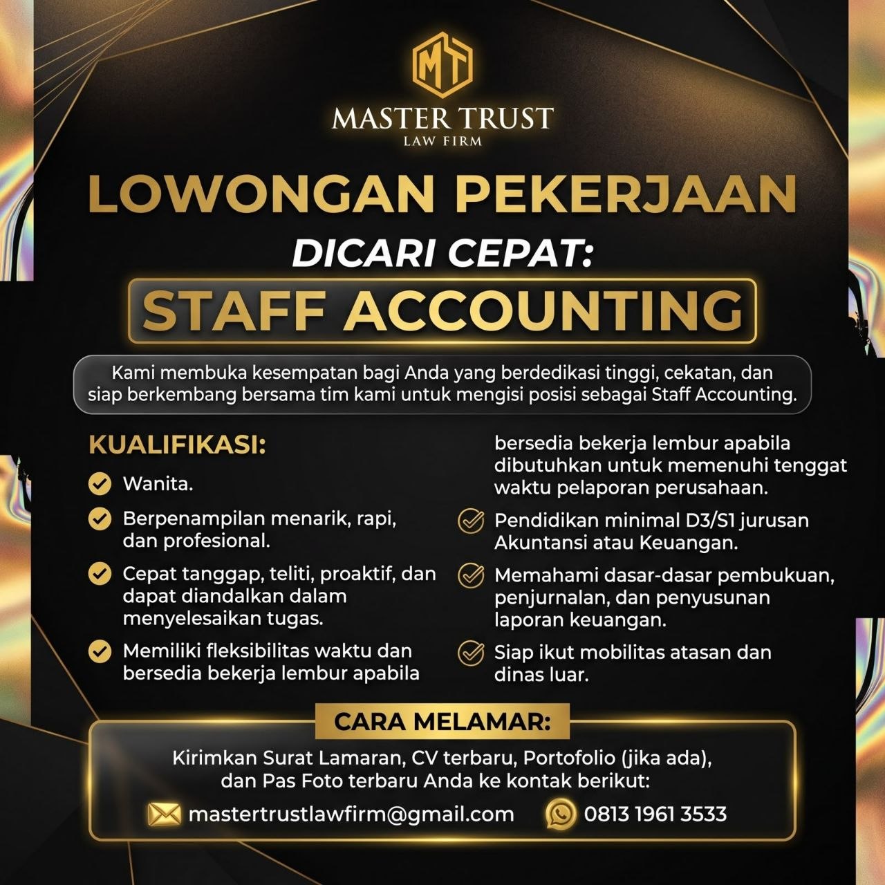 Poster lowongan Master Trust Law Firm
