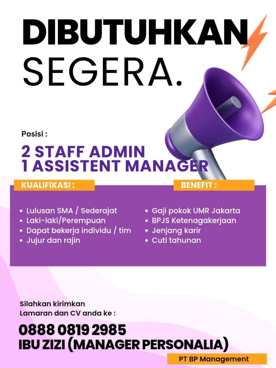 Poster lowongan PT BP Management