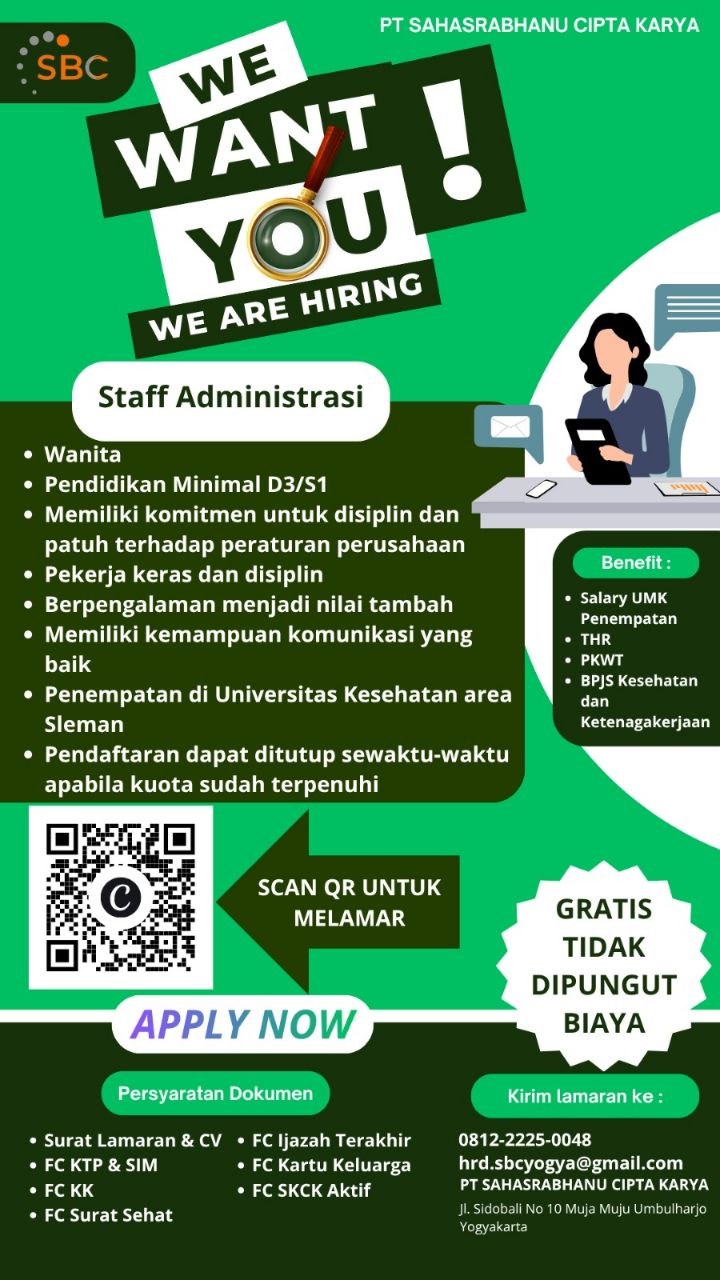 Poster lowongan PT SAHASRABHANU CIPTA KARYA